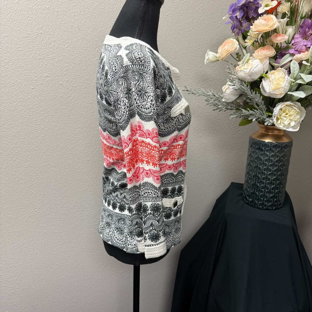 Aubergene Knit Cardigan S Black Coral Aztec Print Open Front 3/4 Sleeve Sweater - Picture 5 of 8